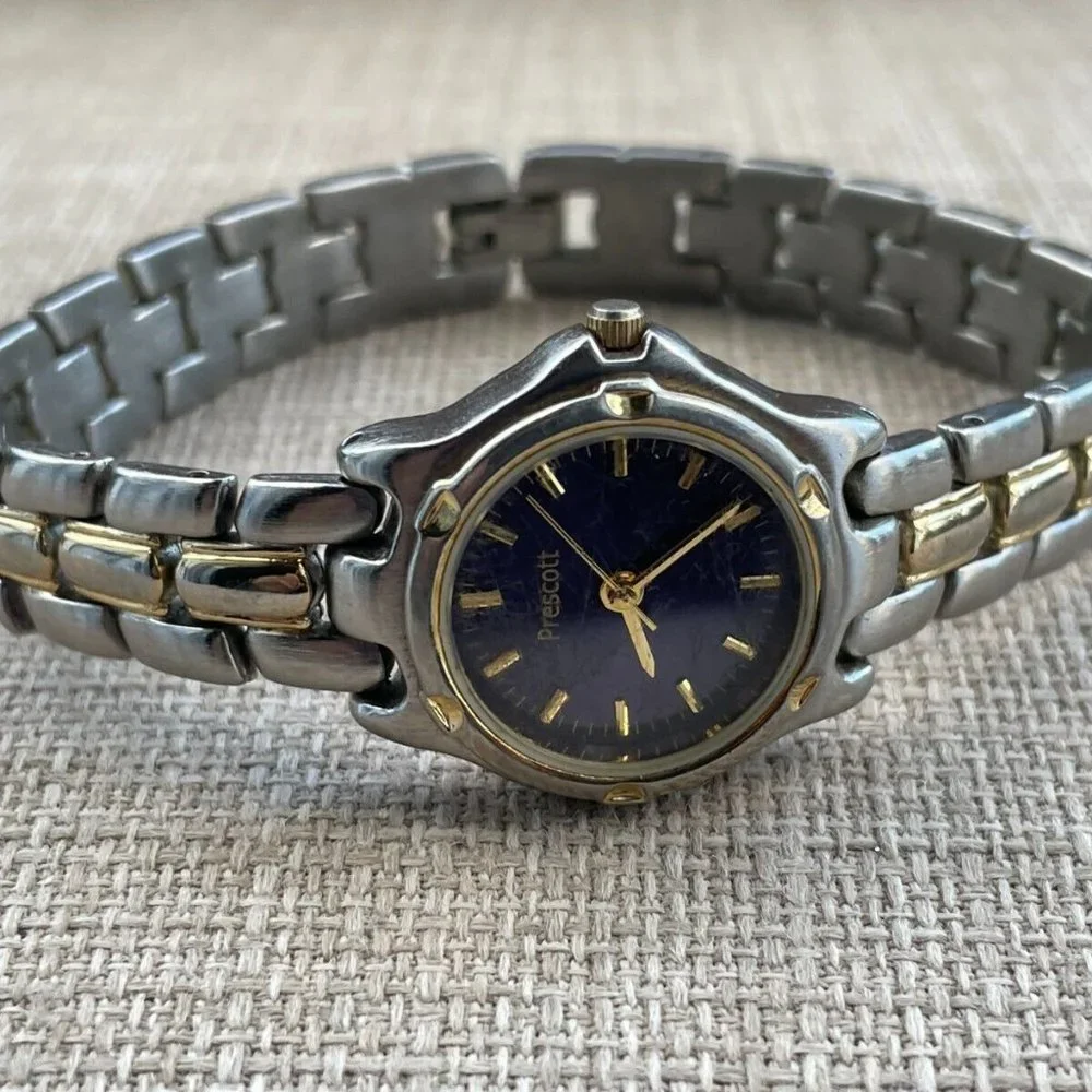 Prescot Ladies Wristwatch Silver/Gold Tone Blue Face Quartz Analog Japan Movt - Picture 5 of 11